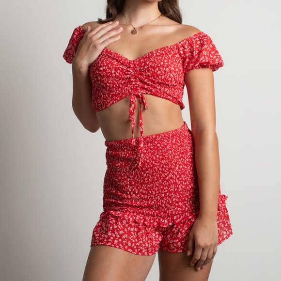 Urban Outfitters Dresses & Skirts - Urban Outfitters Red Floral Smocked Crop Top Skirt Set